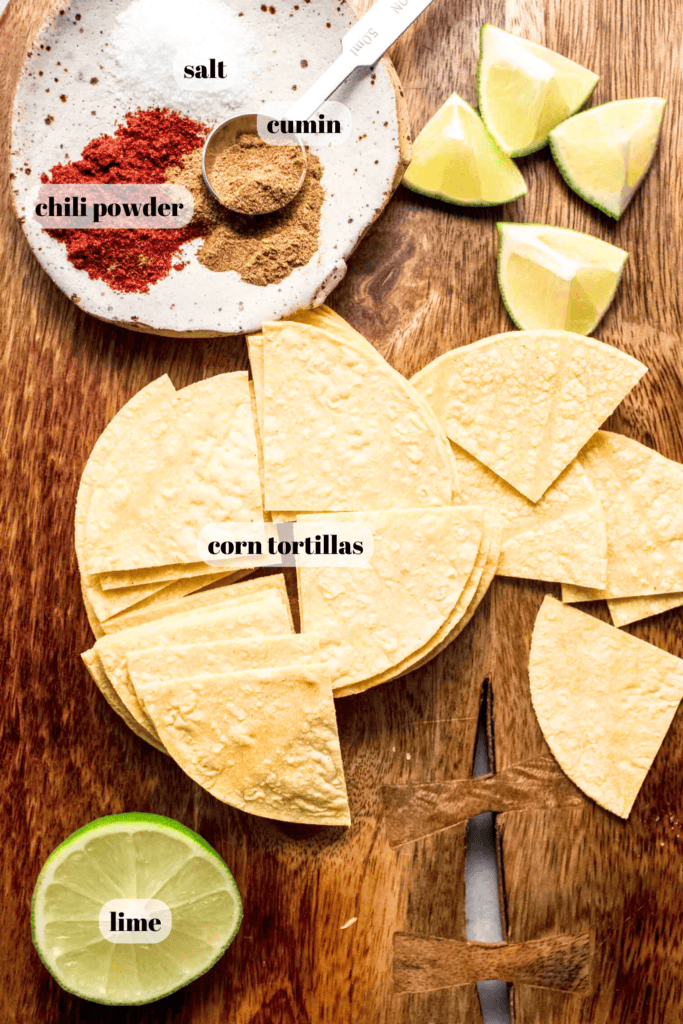 Ingredients for baked corn chips labeled on counter.