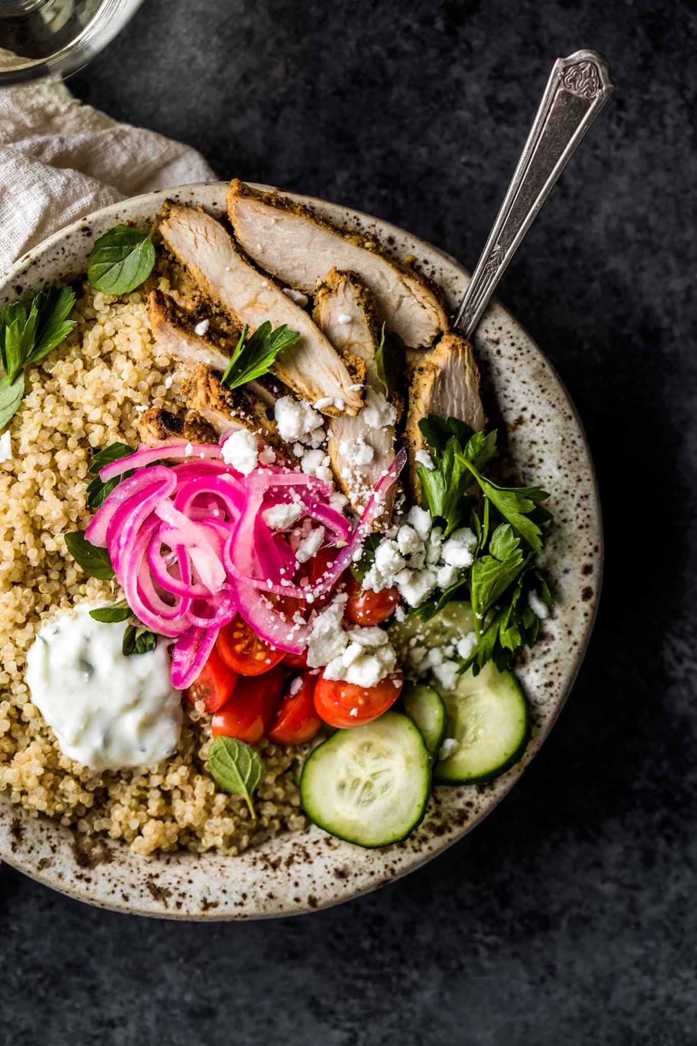 Overhead shot of Chicken Gyro Quinoa Bowls