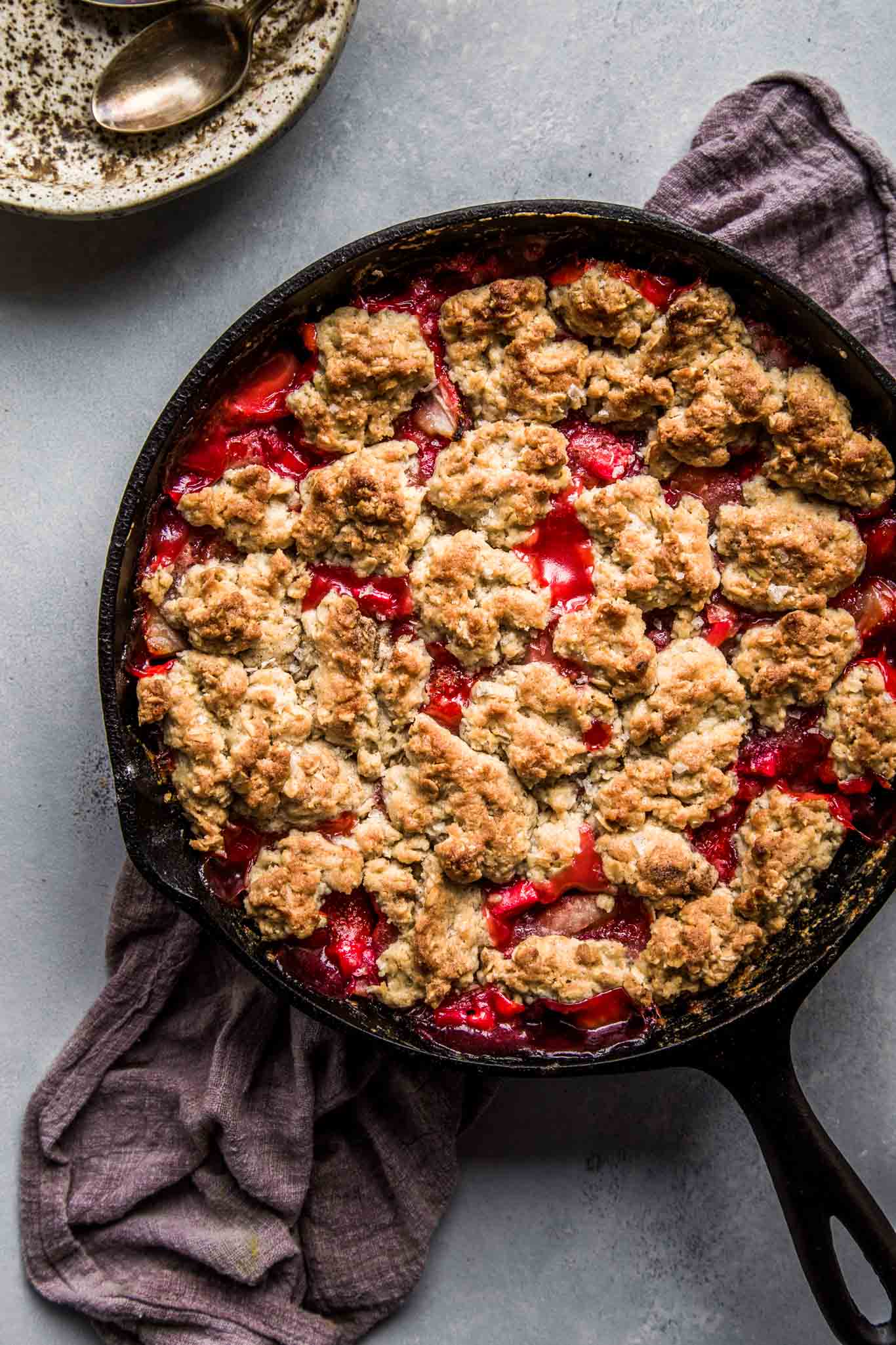 Strawberry Rhubarb Skillet Cobbler with Cardamom Platings + Pairings