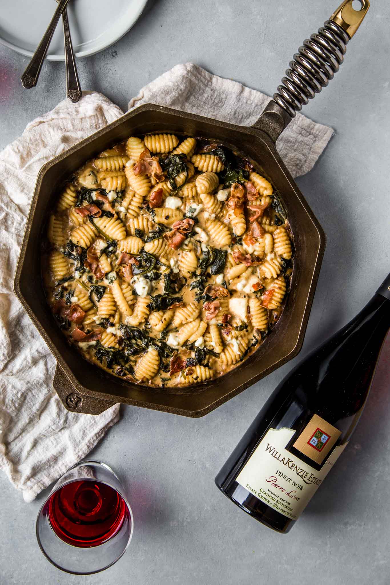 Skillet of gnocchi paired with Oregon Pinot Noir 