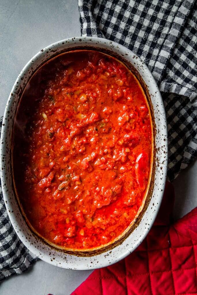 Roasted tomato sauce out of oven.