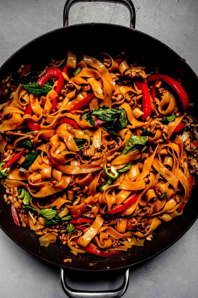 Pad kee mao in skillet.