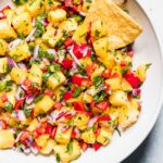 Overhead shot of pineapple salsa in bowl.