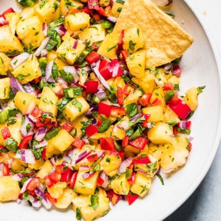 Overhead shot of pineapple salsa in bowl.