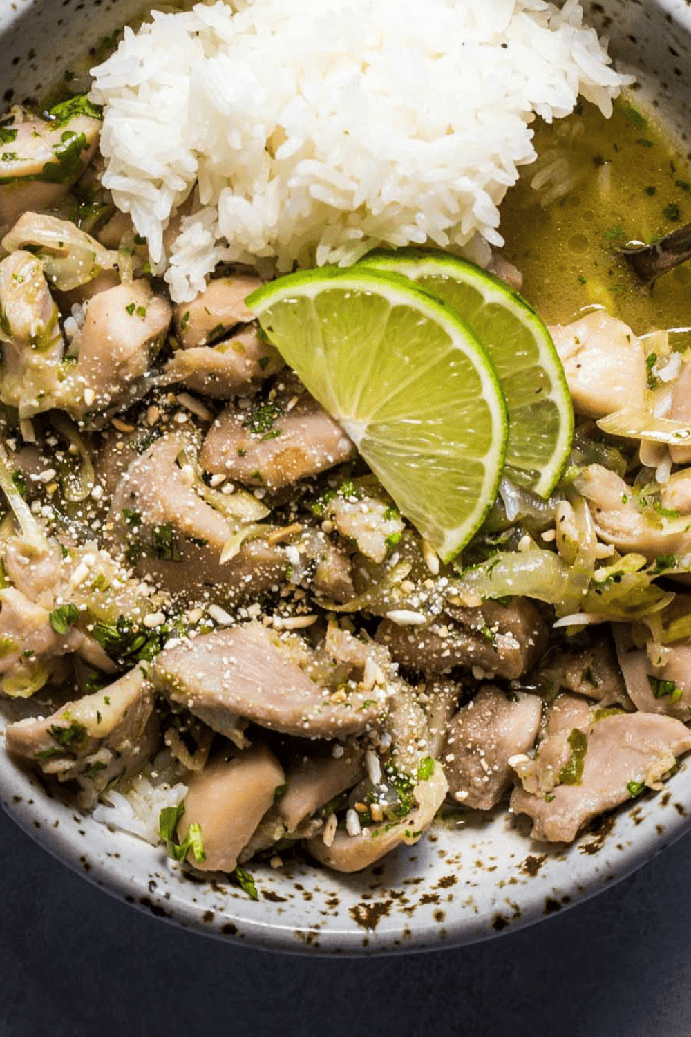 Overhead close up of lemongrass chicken stir fry.