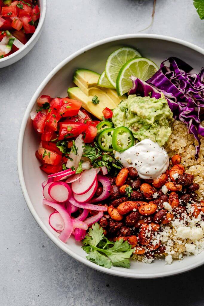 Close up of quinoa burrito bowl. 