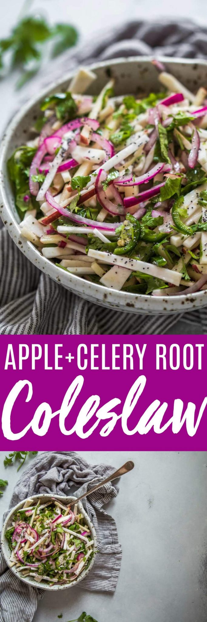 Apple Slaw with Celery Root is an exciting twist on your basic coleslaw. Crisp apples and celery root combine with jalapeno, cilantro & pickled onions. It's sure to be a stand out side dish! #slaw #coleslaw #sidedish #appleslaw #celeryroot #vegetarian