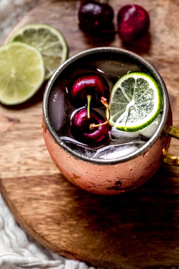 Overhead close up of cherry moscow mule. 