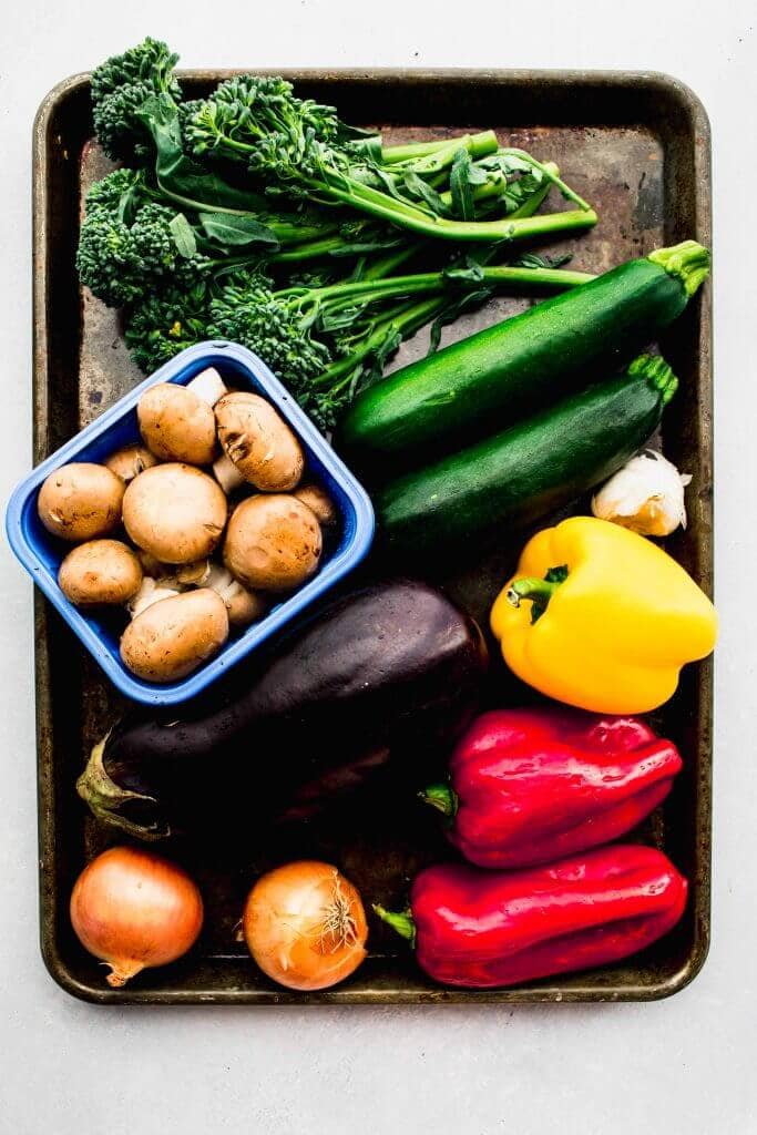 Veggies for stir fry laid on tray. 