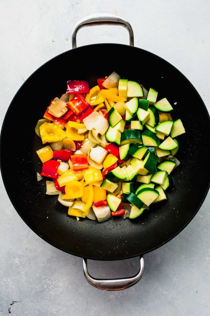 Chopped veggies in wok. 