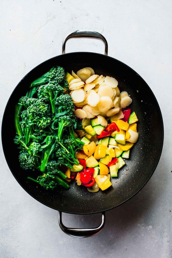 Veggies and broccoli in wok. 