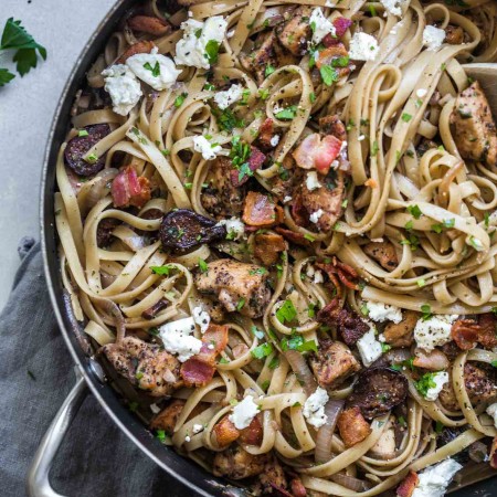 Chicken Linguini with Figs & Goat Cheese in a large skillet, ready to serve.