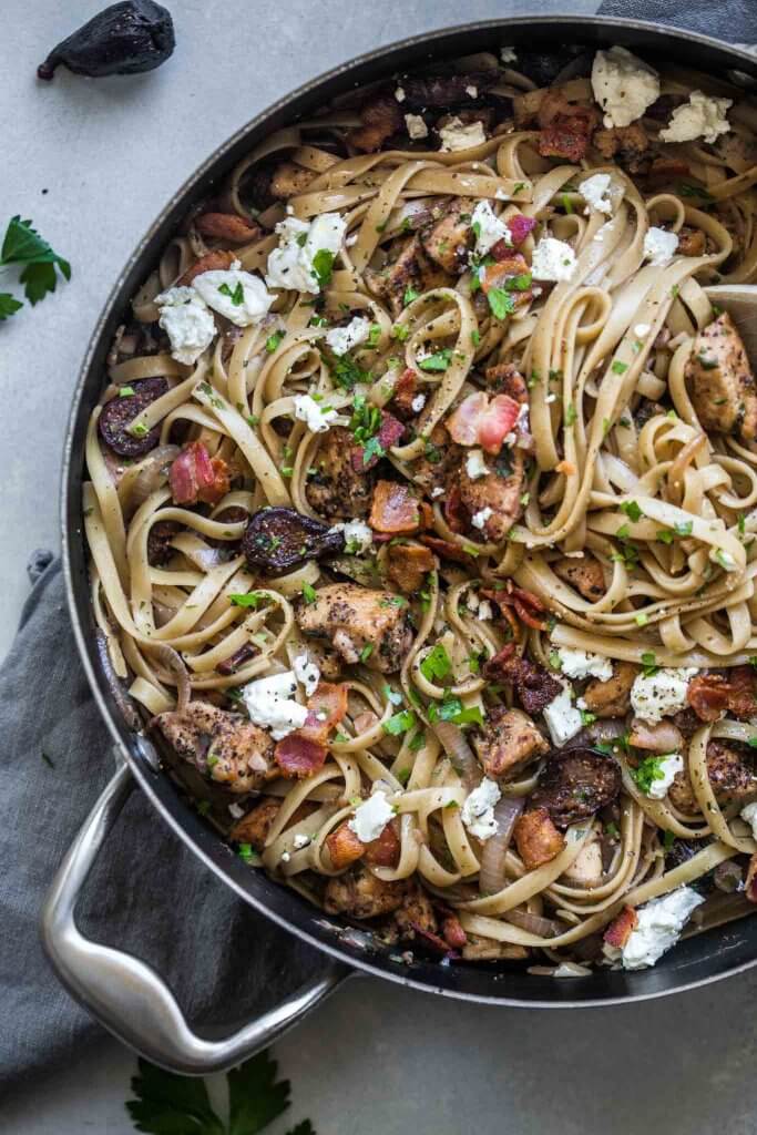 Chicken Linguini with Figs & Goat Cheese in a large skillet, ready to serve.