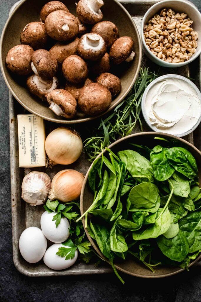 Ingredients for mushroom walnut pate on tray.