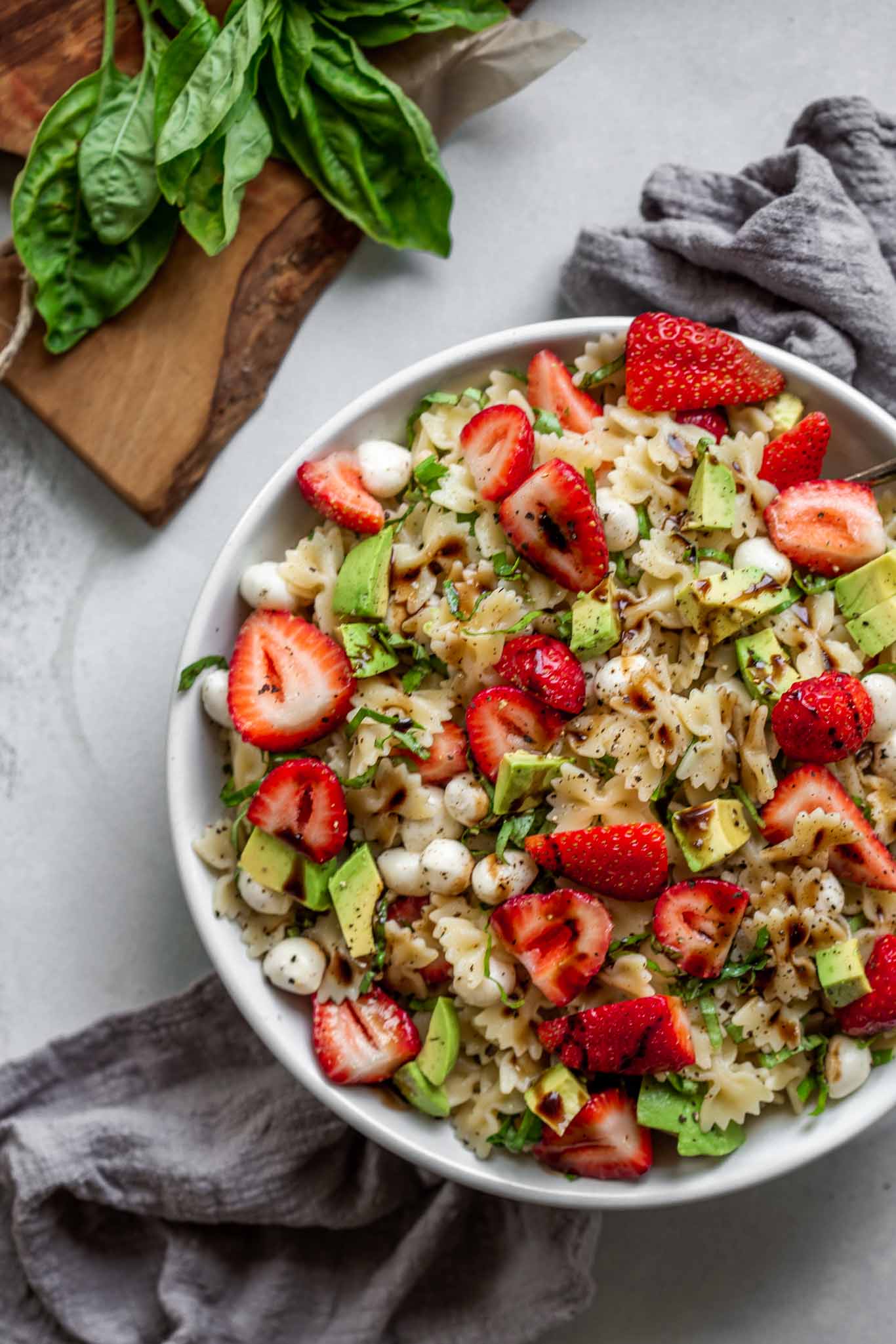 Overhead shot of Strawberry Balsamic Pasta Salad