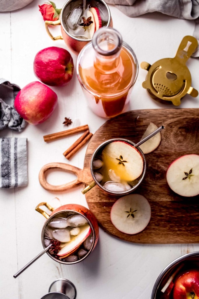 Overhead shot of ingredients for moscow mule cocktail. 