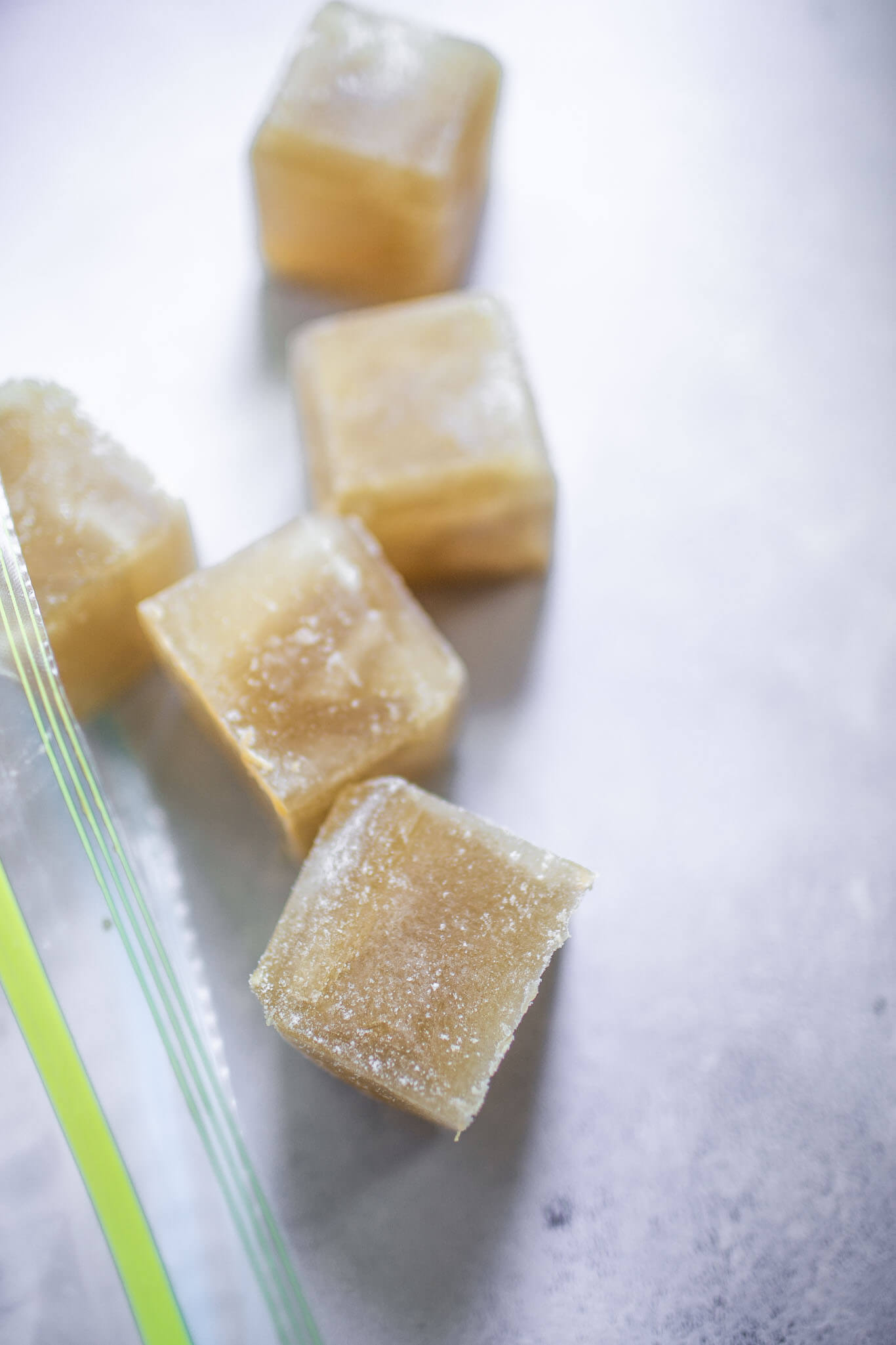 Frozen cubes of bone broth. 