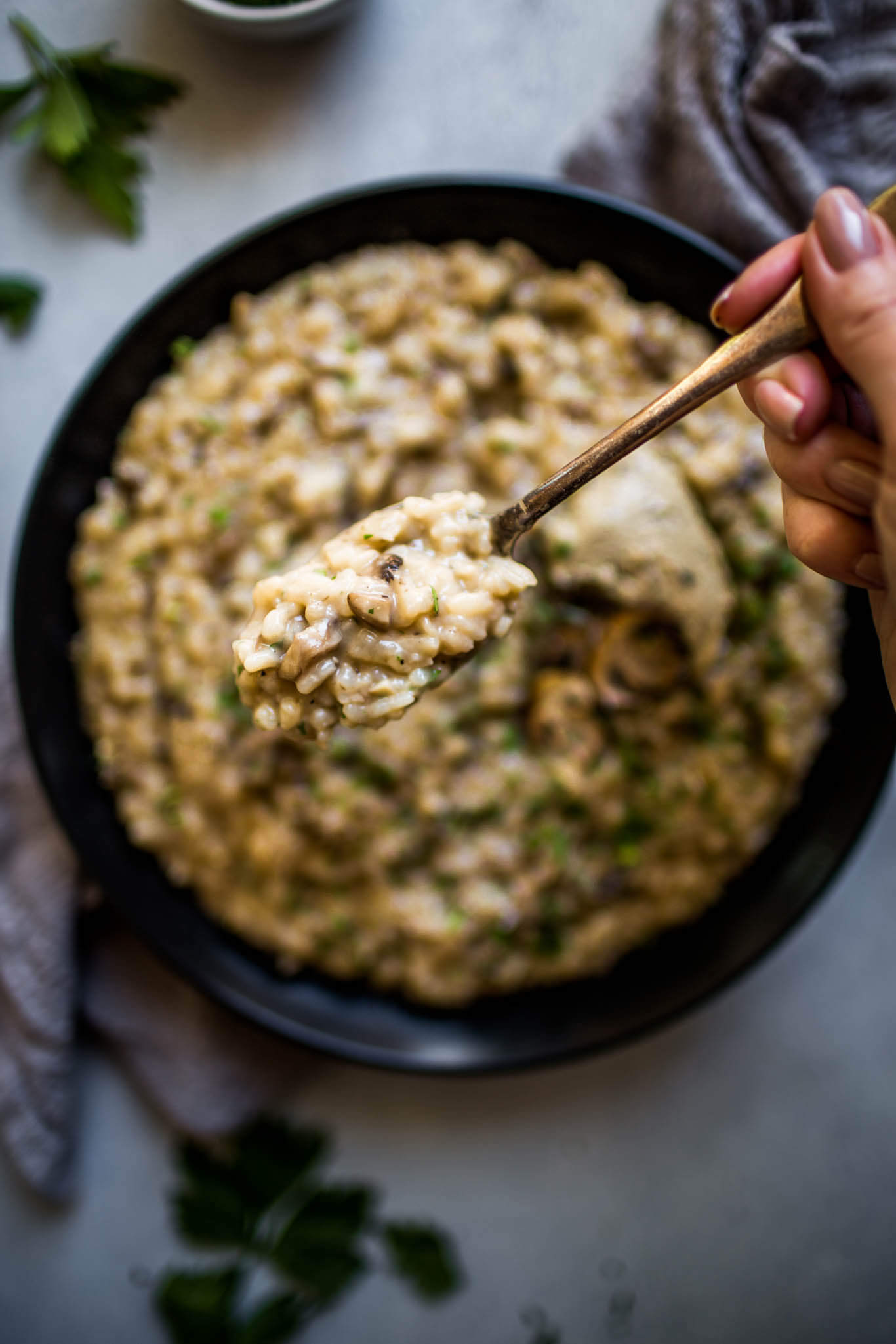 Spoonful of mushroom risotto.