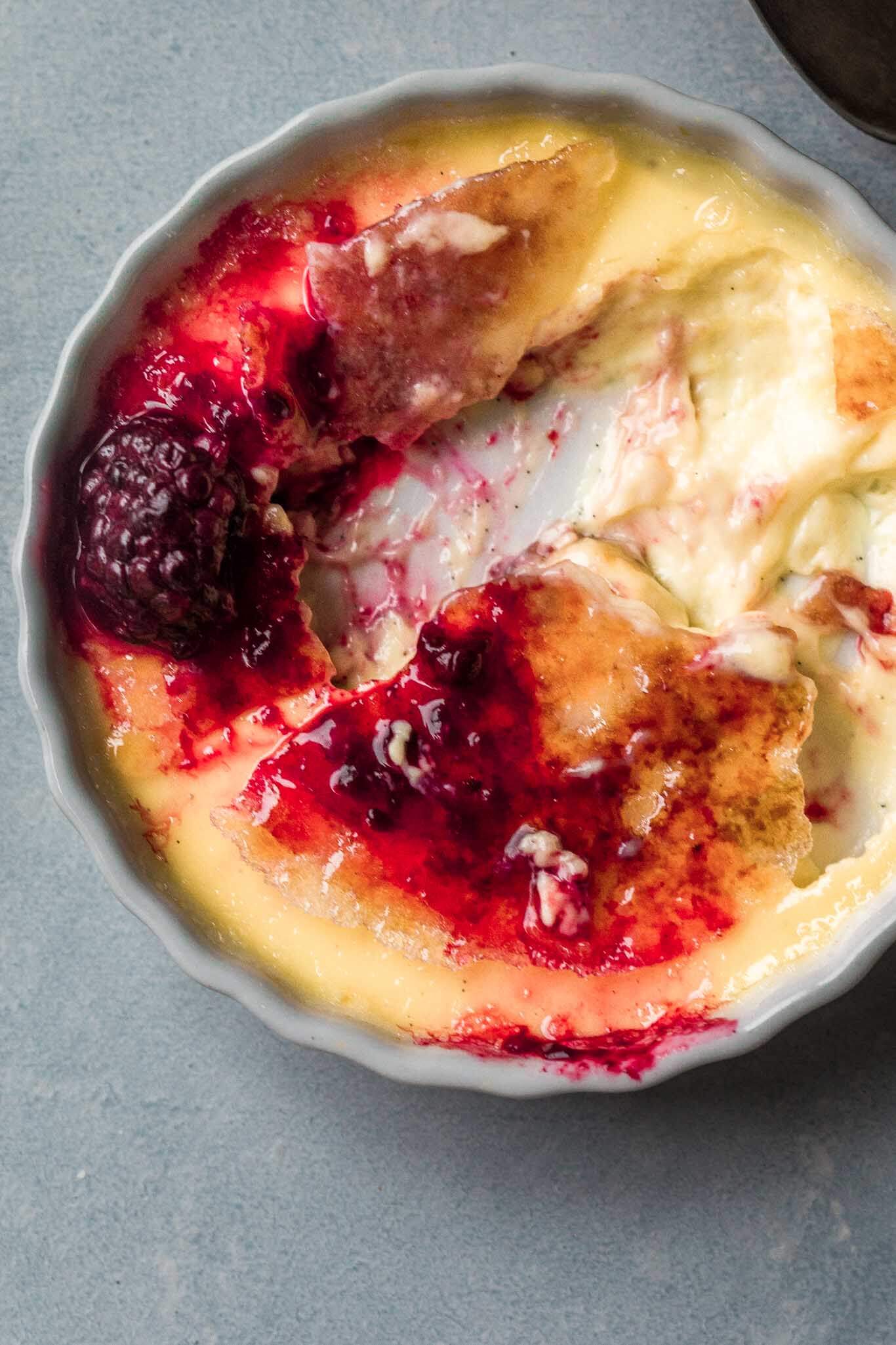 Creme Brulee with Cardamom Roasted Blackberries Platings + Pairings