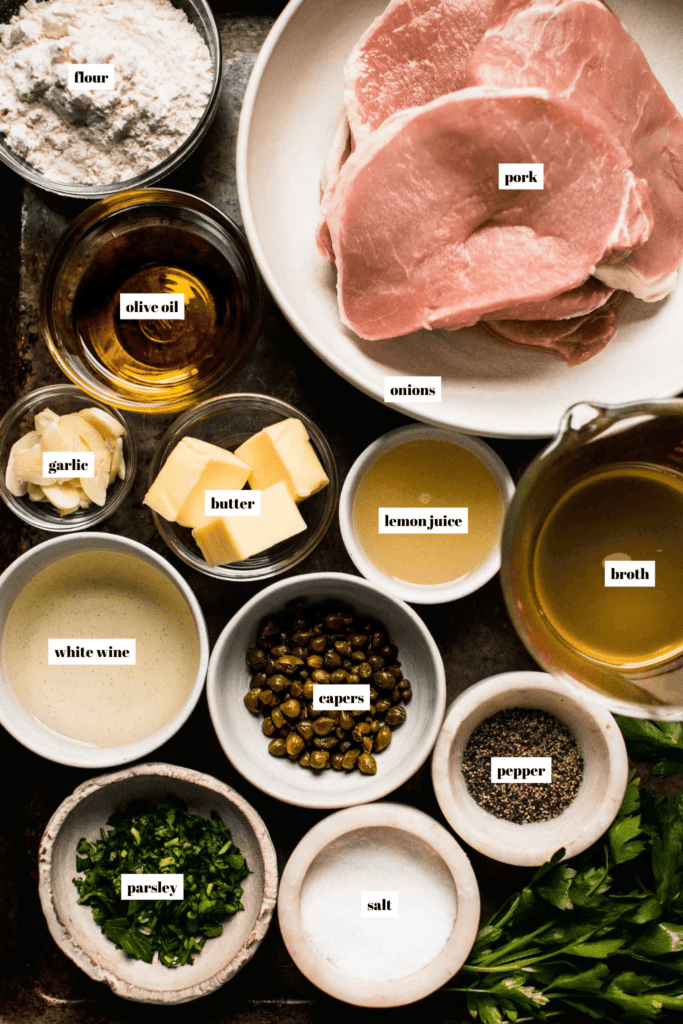 Ingredients for pork piccata labeled on tray. 