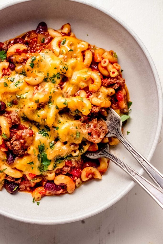 Bowl of instant pot chili mac and cheese.