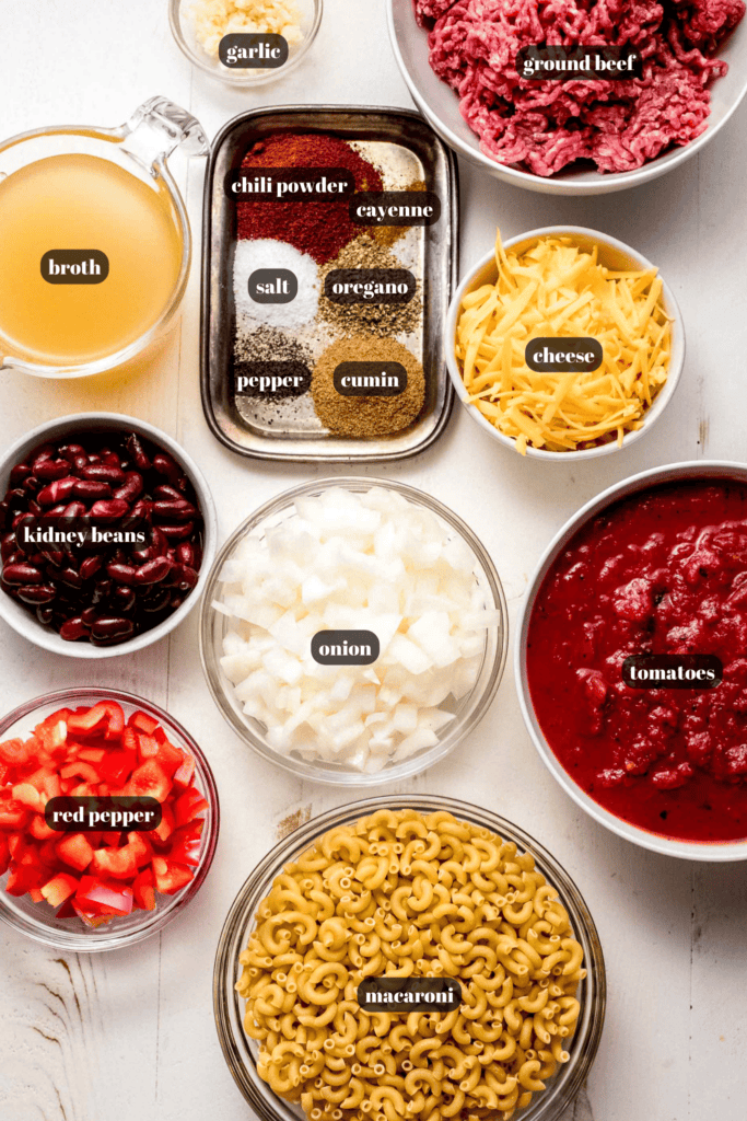 Ingredients for instant pot chili mac labeled on counter. 