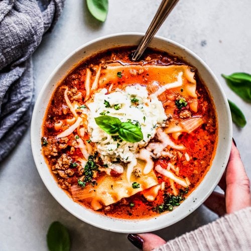 Hand holding bowl of lasagna soup.