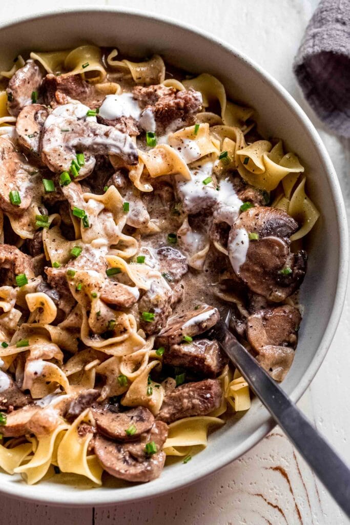 Bowl of stroganoff ready to be eaten. 