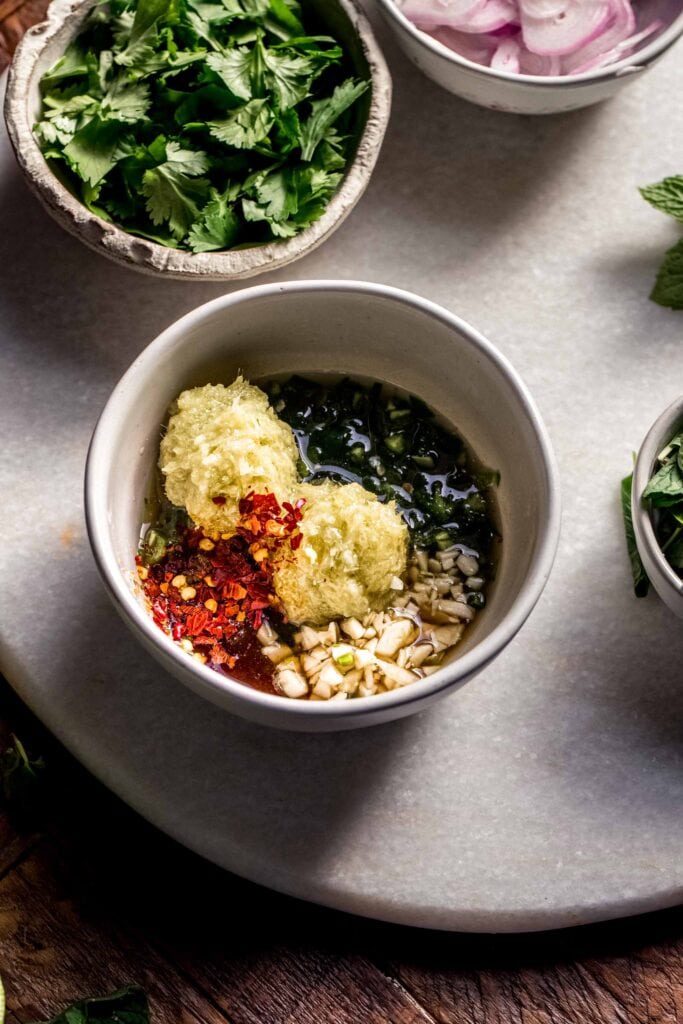 Lemongrass dressing in small bowl. 