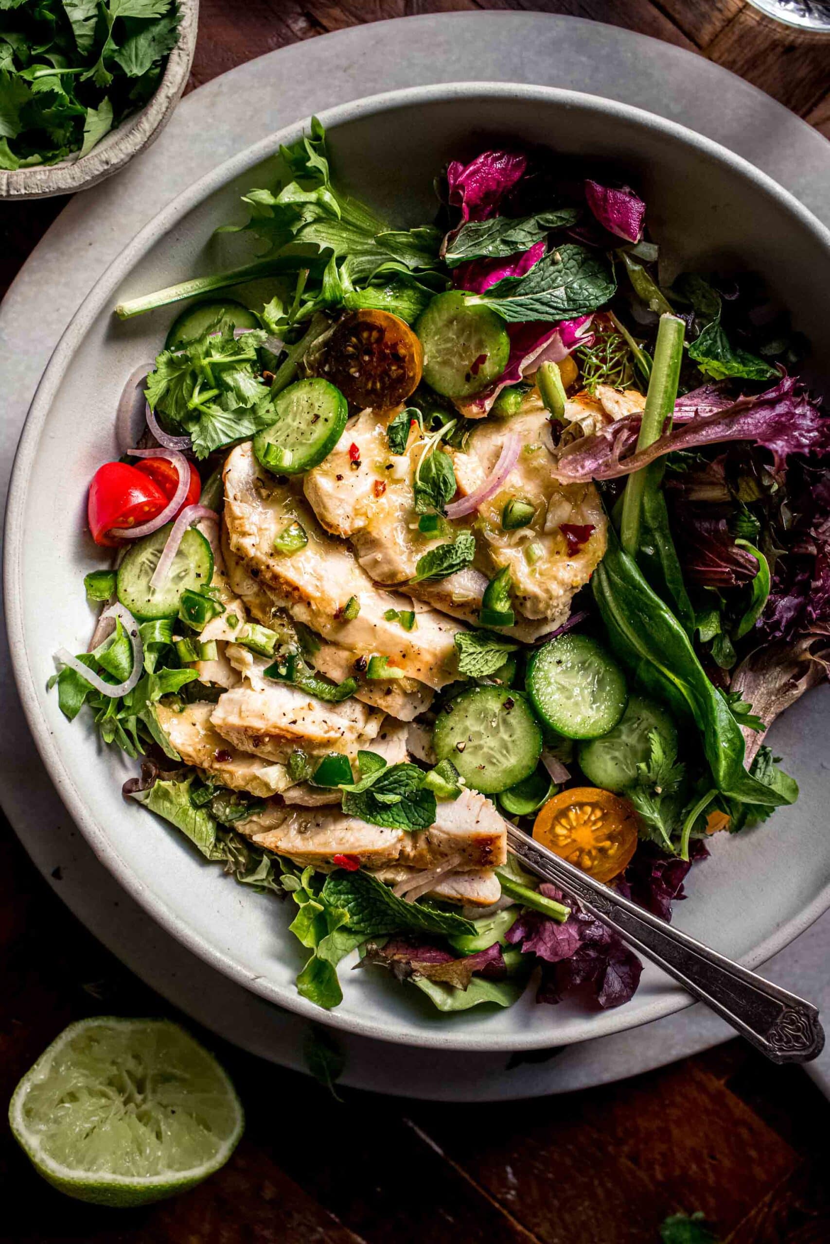 Overhead shot of Thai Chicken Salad in white bowl.