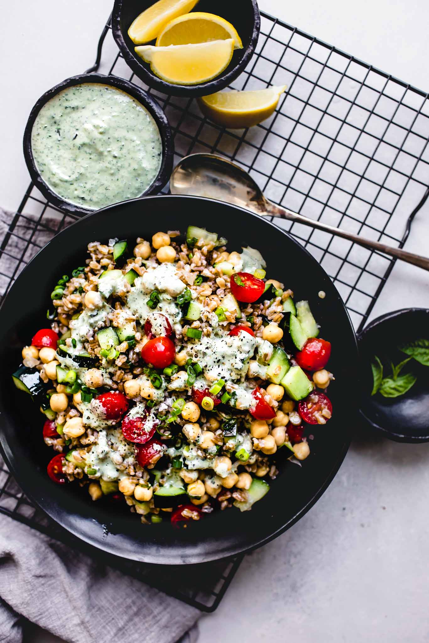 Farro Salad with Basil Lemon Tahini Dressing Platings + Pairings