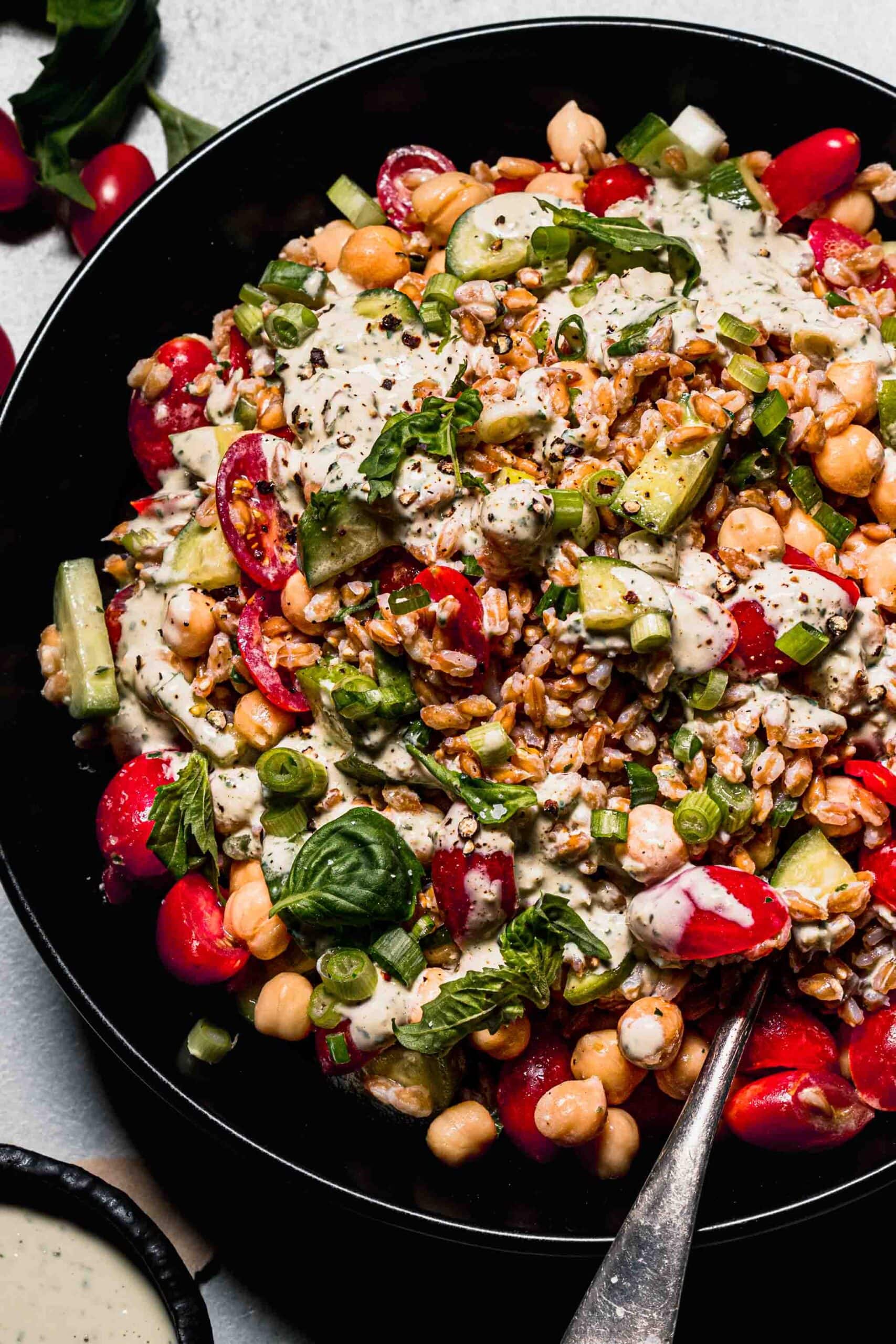 Overhead close up of prepared vegan farro salad.