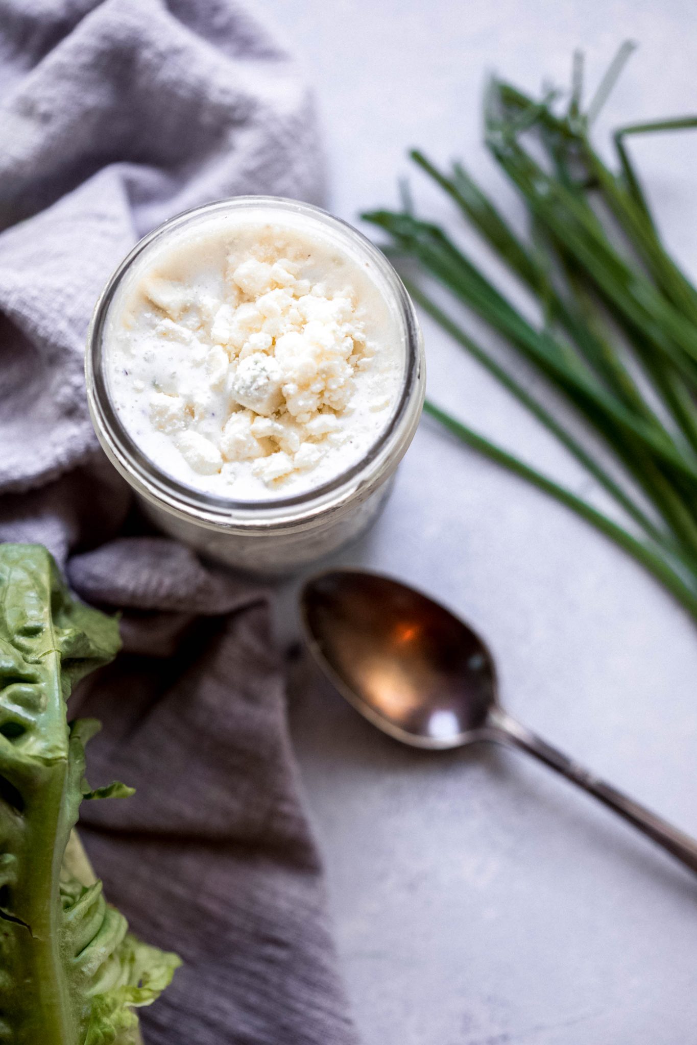 Buttermilk blue cheese dressing in mason jar.