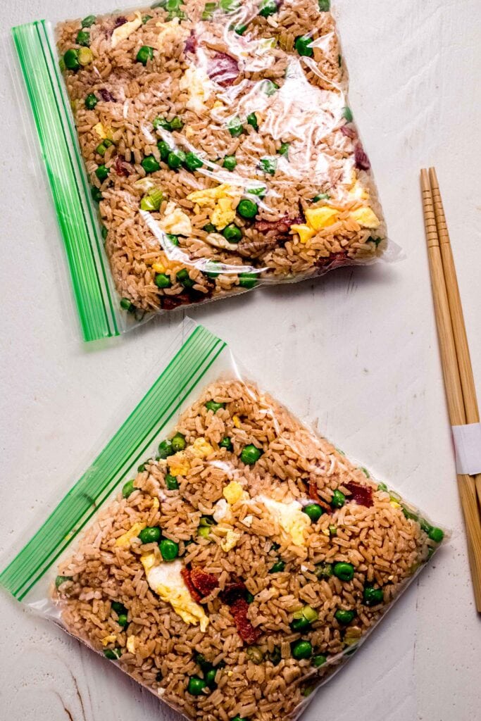 Fried rice packaged into ziploc bags.