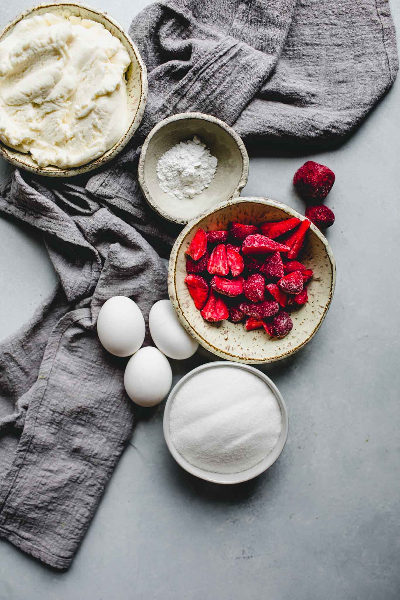 Ingredients for strawberry ricotta cake.