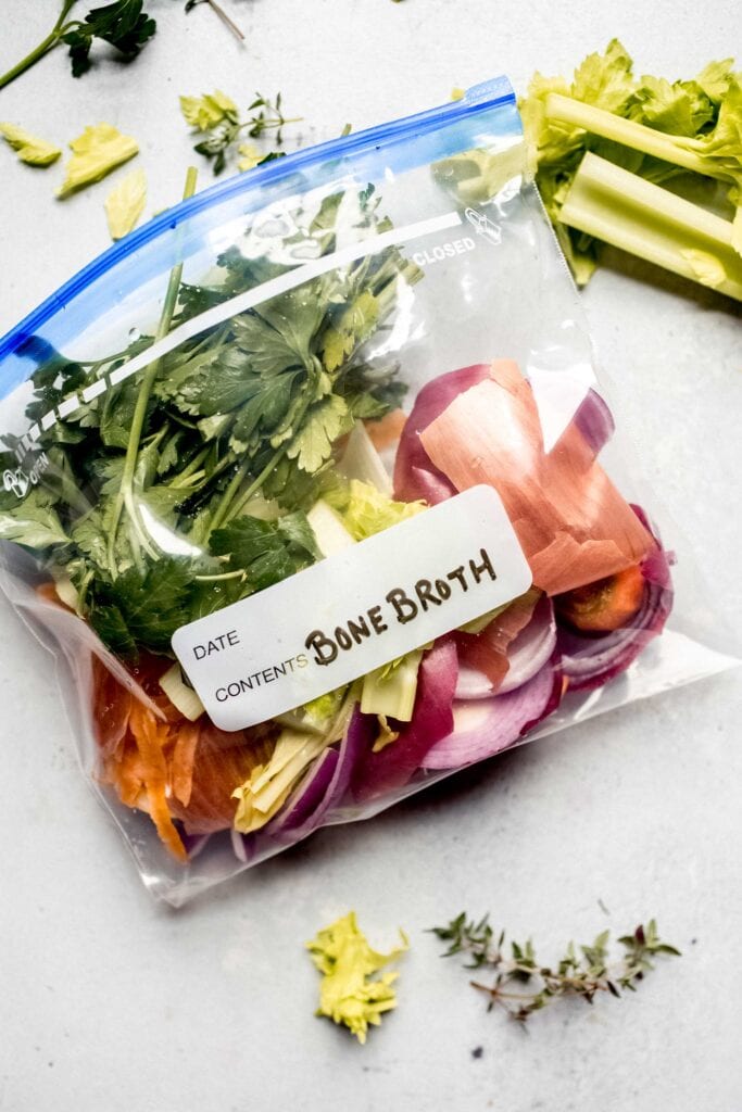 Vegetable Scraps in ziploc bag.