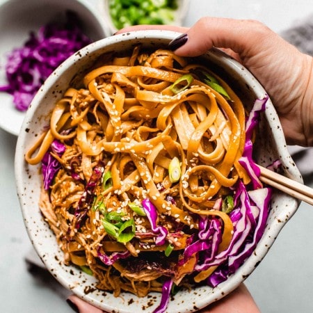 Two hands holding bowl of sesame noodles.