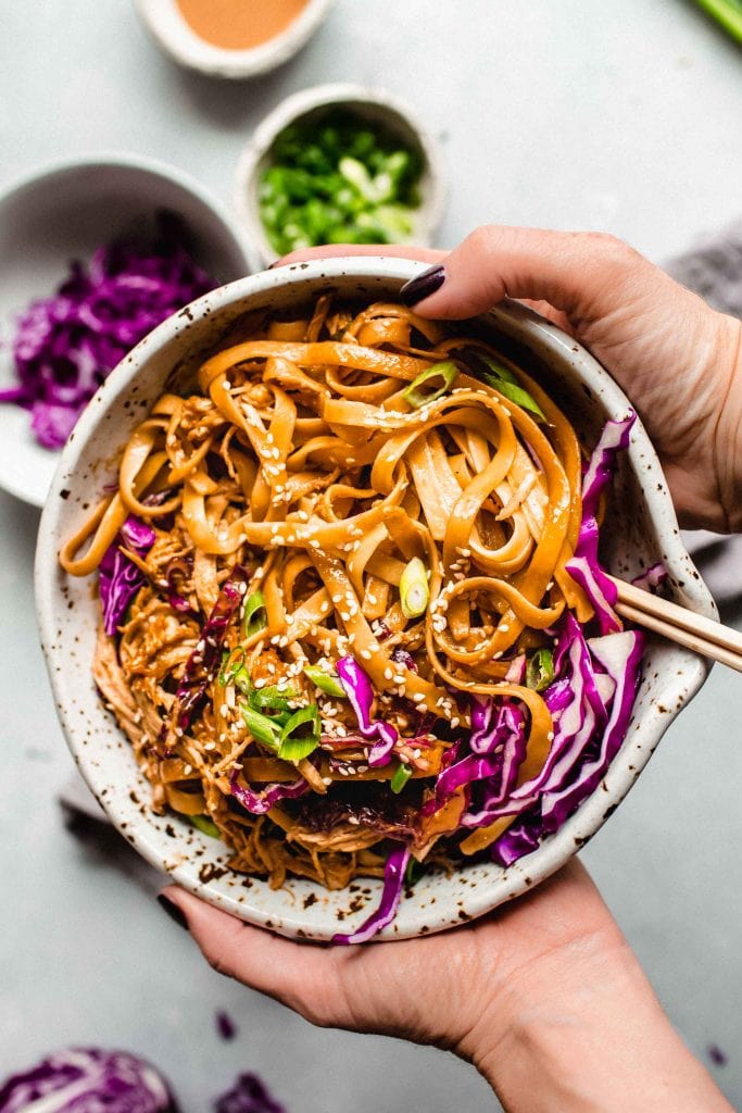 Two hands holding bowl of sesame noodles.