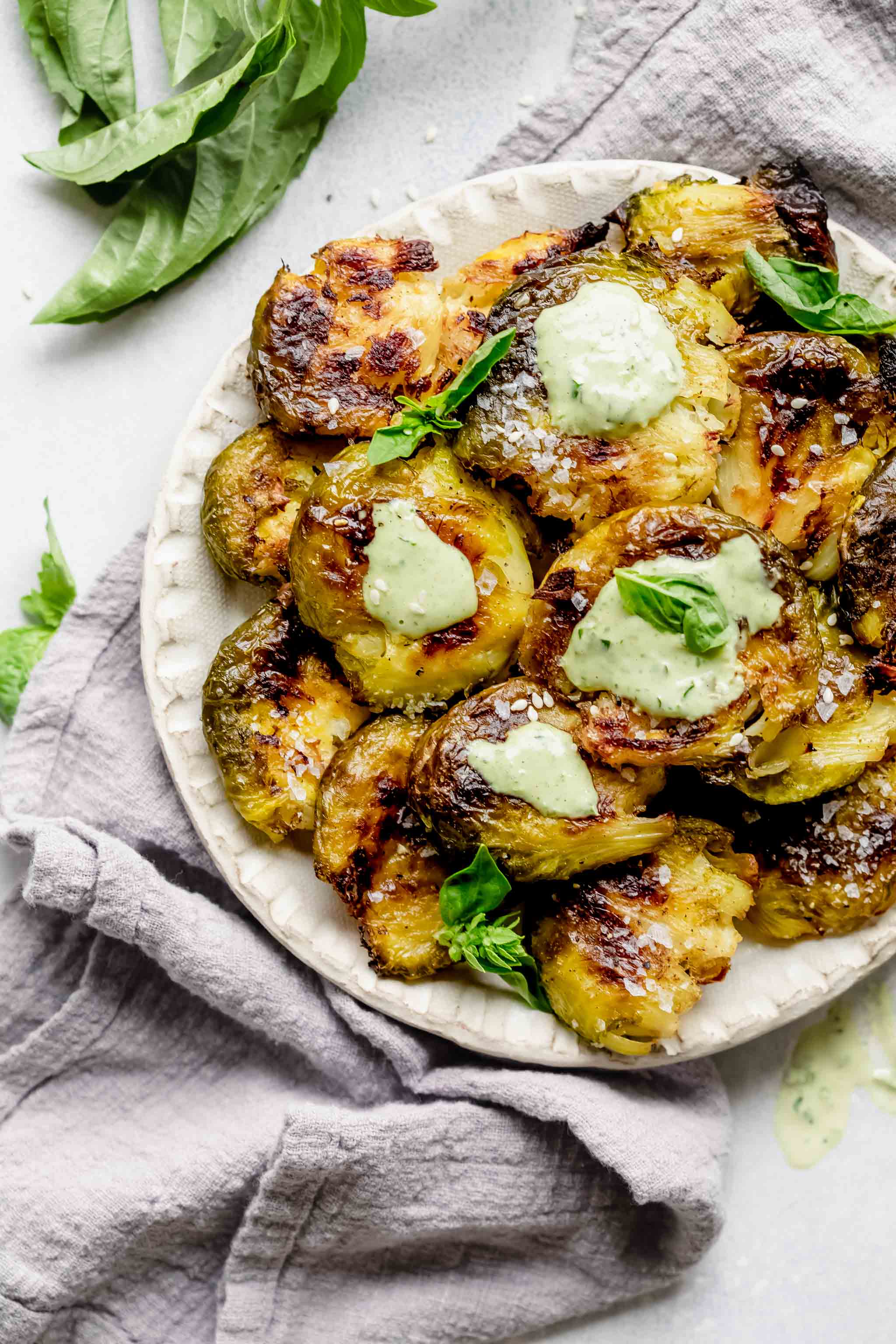 Crispy Smashed Brussels Sprouts with Tahini Sauce