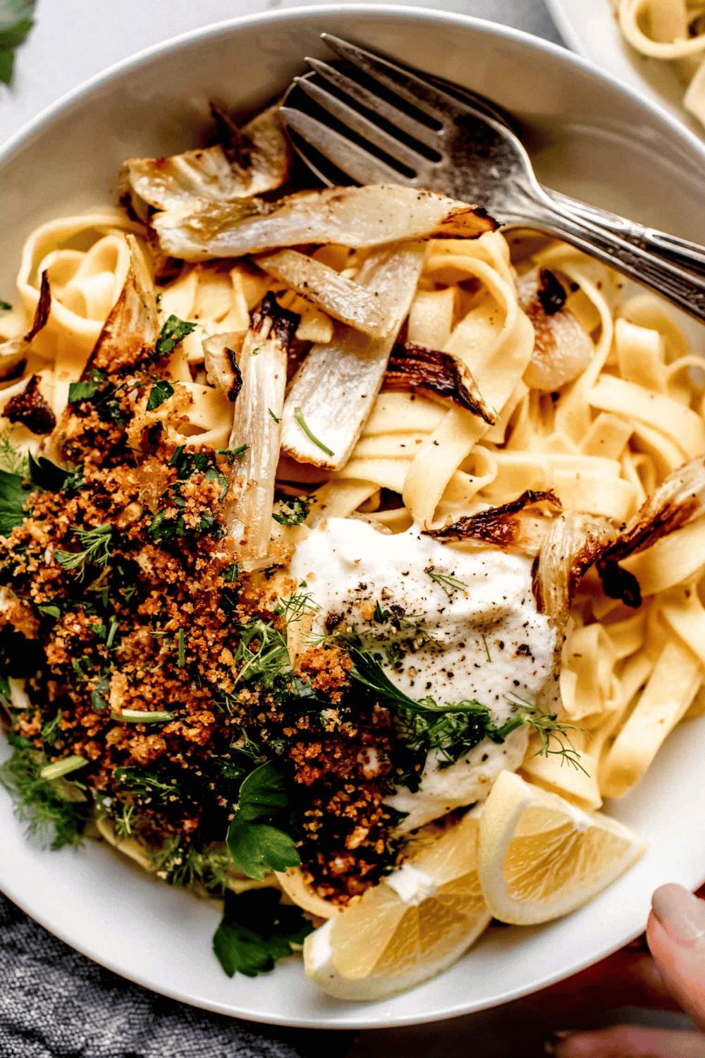 Overhead close up of bowl of fennel pasta topped with ricotta and breadcrumbs.