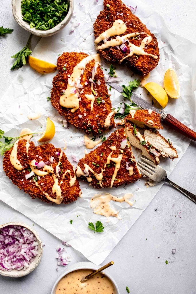 Pretzel Crusted Chicken with CheddarMustard Sauce