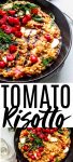 This creamy tomato risotto features all the flavors of your favorite caprese salad. Fresh tomatoes, basil and melty mozzarella cheese combine with the creamy risotto. Finished off with a balsamic glaze drizzle. // easy tomato risotto // tomato risotto recipes #tomatorisotto #creamytomatorisotto