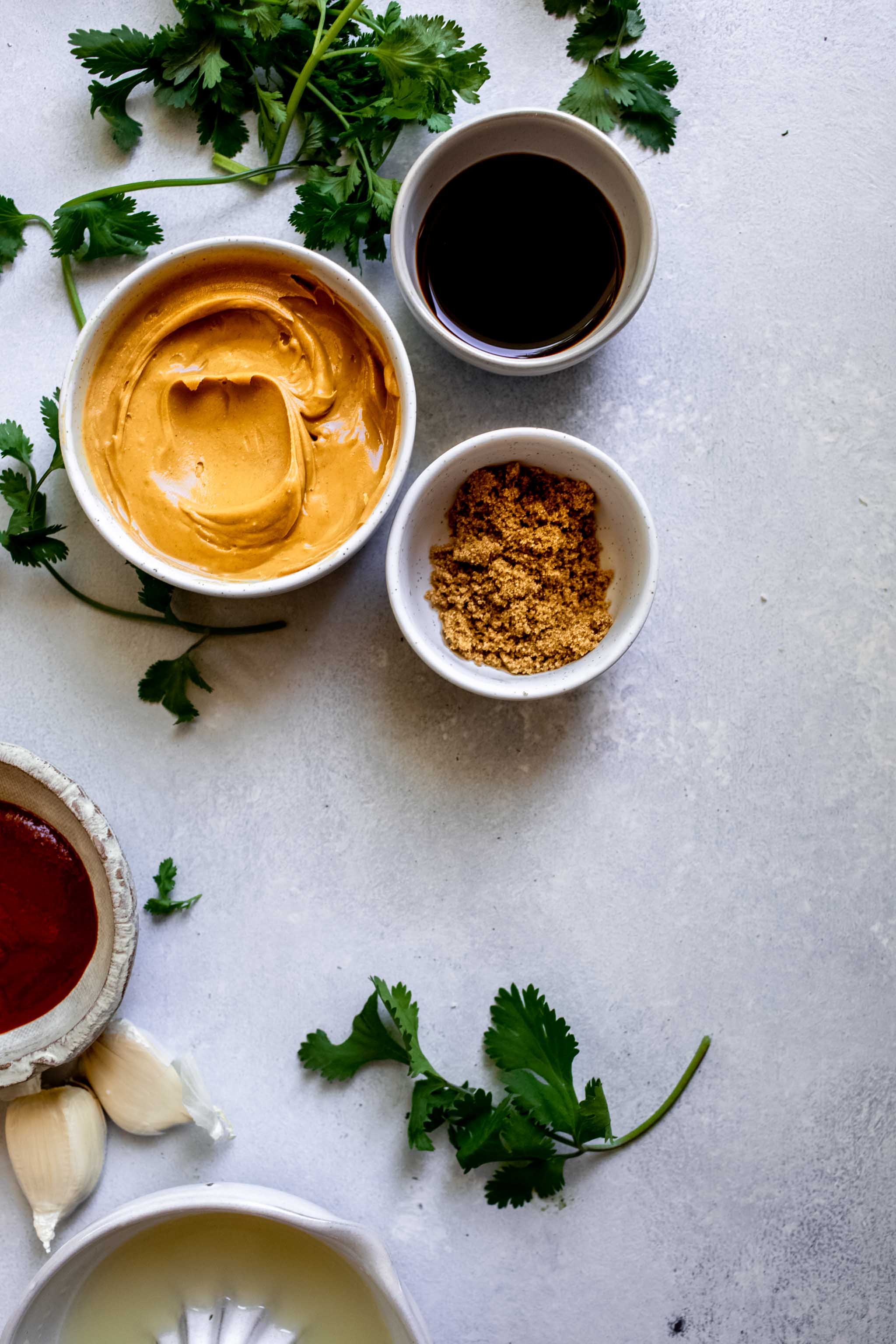 Ingredients for spicy peanut sauce.