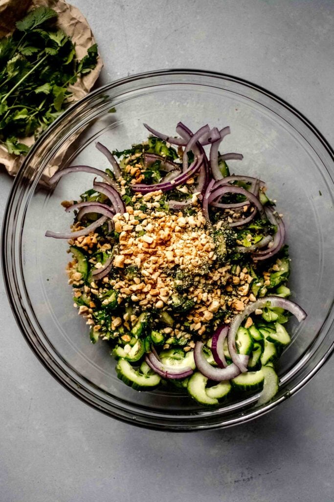 Ingredients for salad in bowl before mixing. 