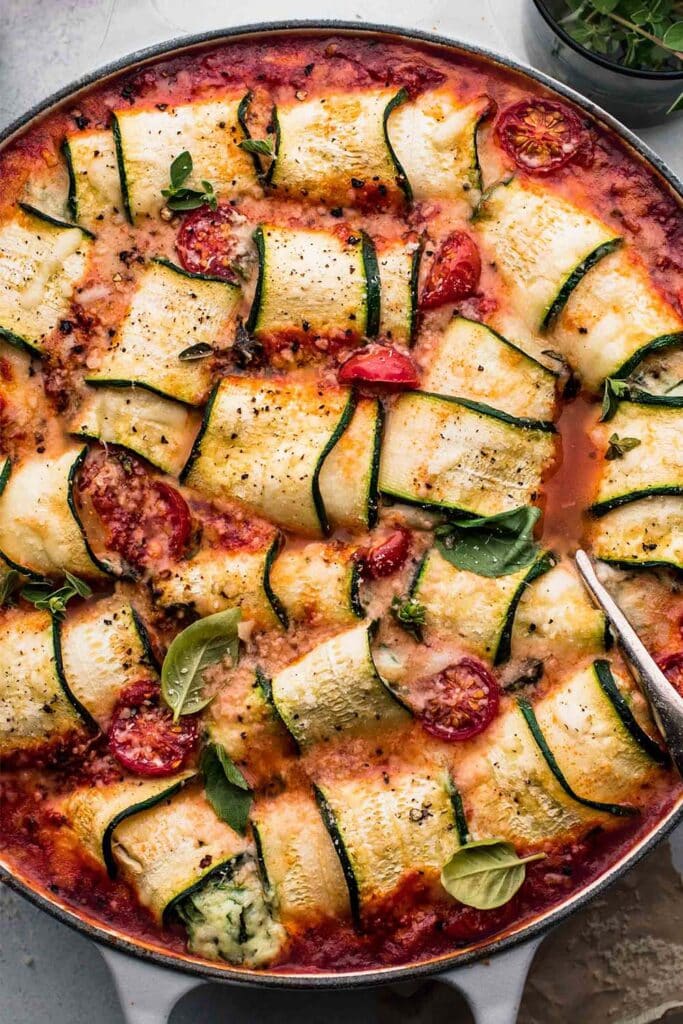 Overhead close up of zucchini lasagna rolls 