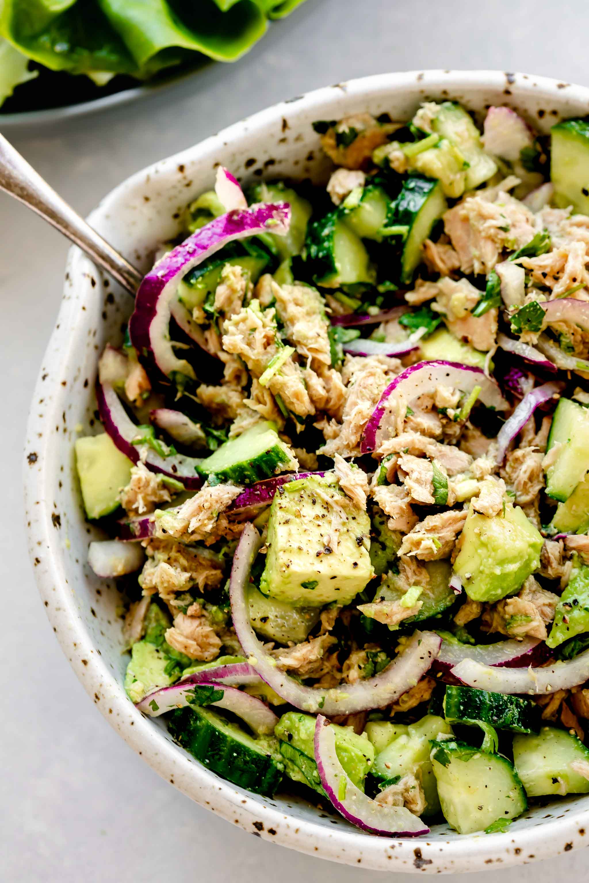 Overhead close up of bowl of prepared tuna salad.