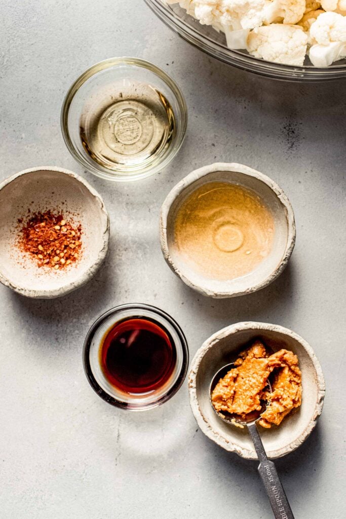 Ingredients for miso cauliflower on counter. 