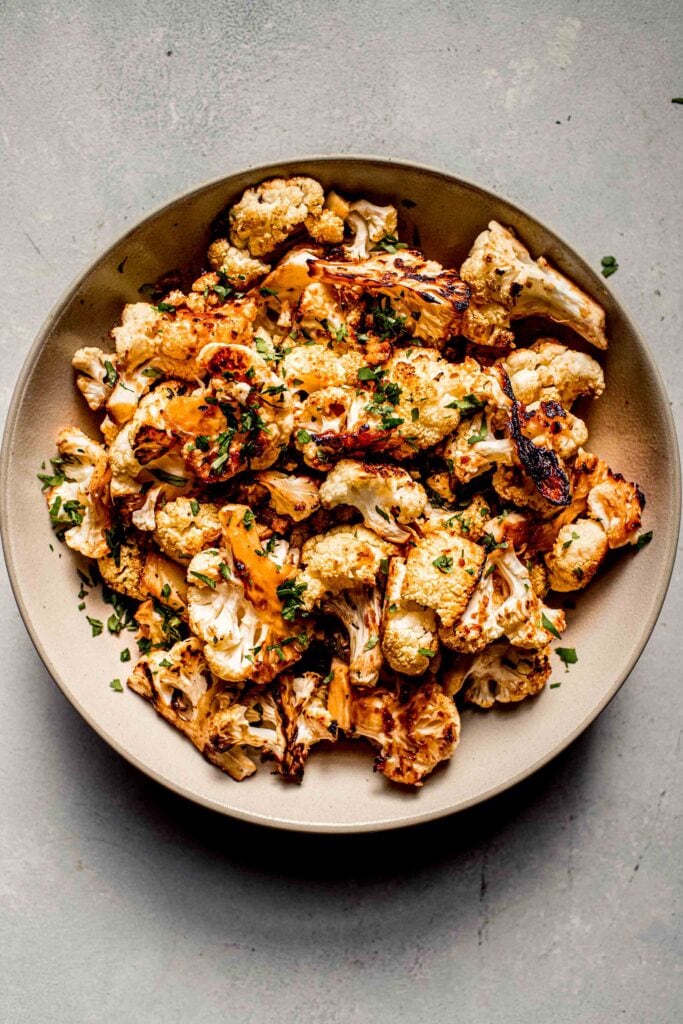 Prepared miso cauliflower in serving bowl.