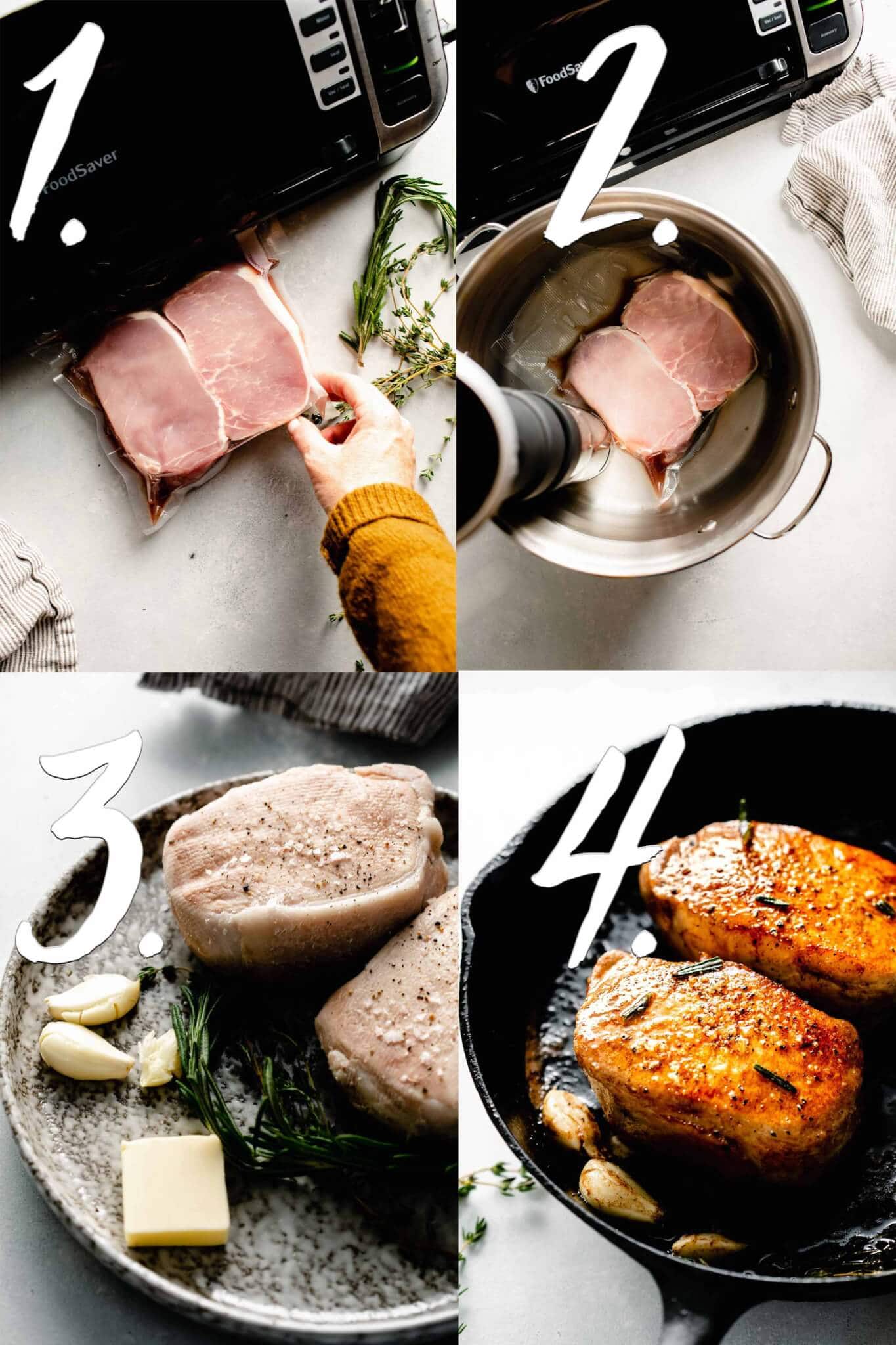 Step by step diagram of sealing, cooking and searing sous vide pork chops.