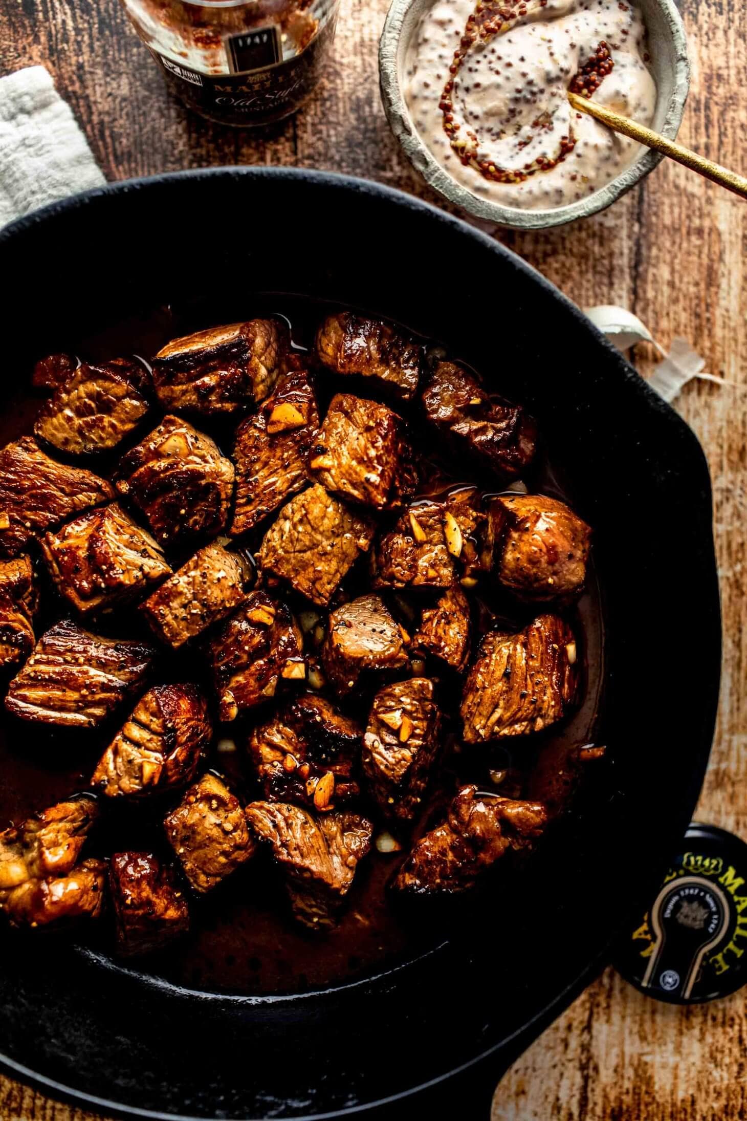 Garlic Butter Steak Bites Recipe with Sauce Platings + Pairings